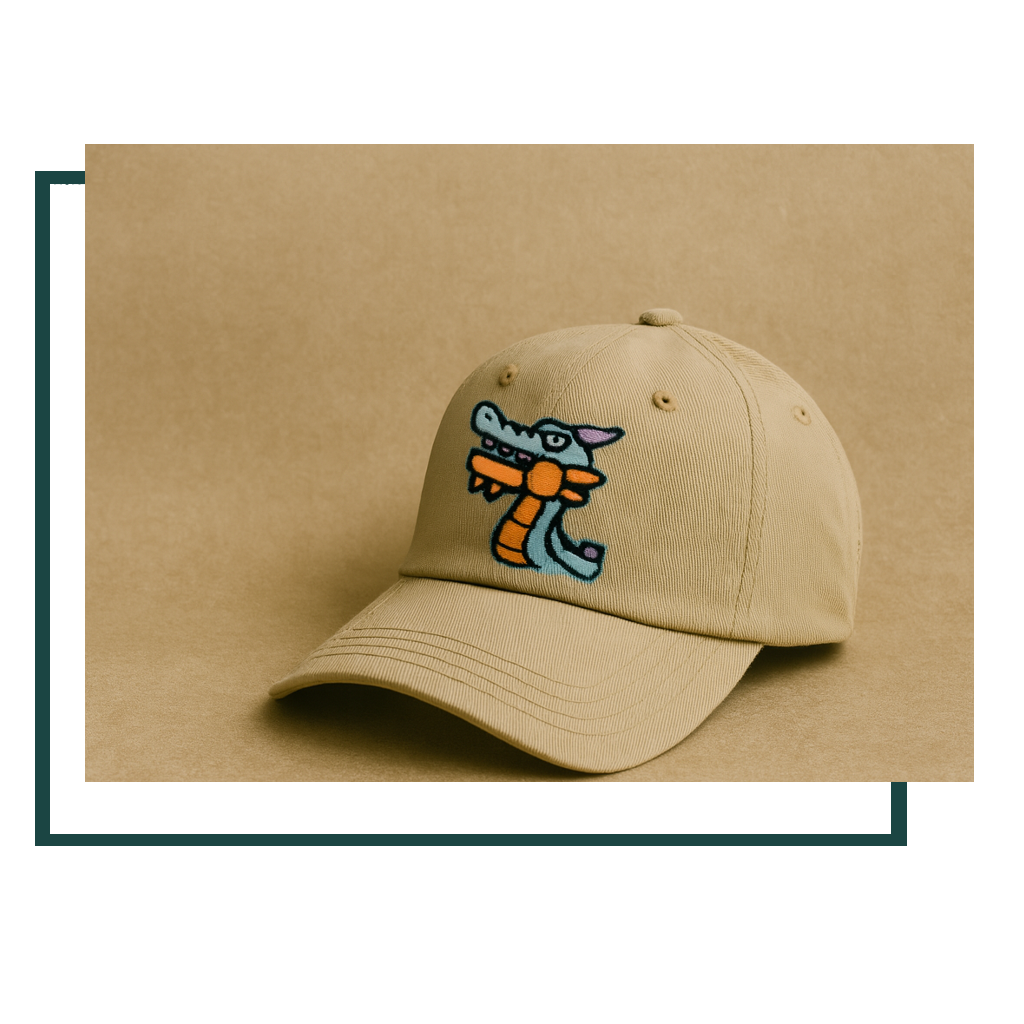 Beige baseball cap featuring an embroidered cartoon crocodile logo on the front, displayed against a soft tan background.